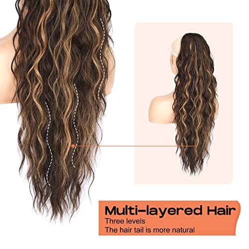 SEIKEA 26" Highlight Drawstring Ponytail Extension - Effortless Wavy Clip-in Hairpiece for Natural Soft Synthetic Hair Volume in Chocolate Brown with Blonde Highlights
