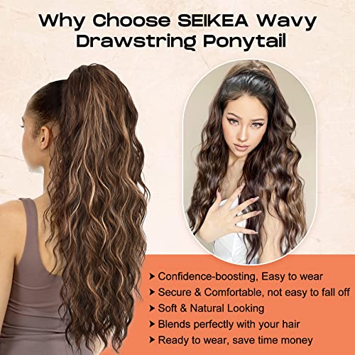 SEIKEA 26" Highlight Drawstring Ponytail Extension - Effortless Wavy Clip-in Hairpiece for Natural Soft Synthetic Hair Volume in Chocolate Brown with Blonde Highlights
