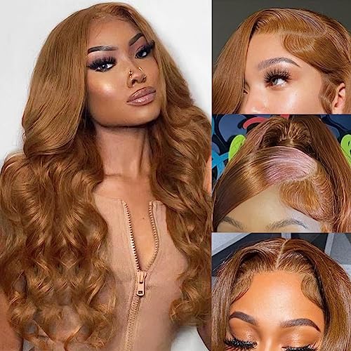 Light Brown Body Wave Lace Front Wig – 100% Unprocessed Brazilian Virgin Human Hair, Pre-Plucked with HD Lace and Ginger Brown Highlights
