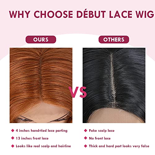 Long Wavy Lace Front Ginger Brown Wigs - 26 Inch Synthetic Wig for Women with Natural Curls and Middle Part, Hand-Tied Lace Front, High Temperature Fashionable Hair