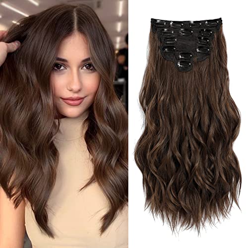 Fliace 20-Inch Clip-in Hair Extensions - Long Wavy Hairpieces in Chocolate Brown for Natural & Soft Blends