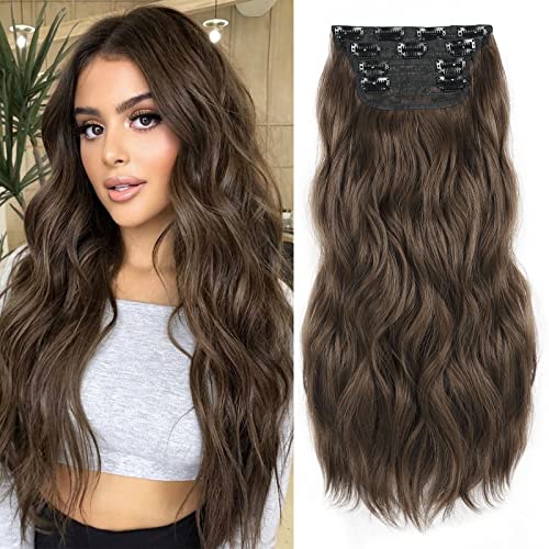 Long Wavy Clip-in Synthetic Hair Extension - Chestnut Brown 4pc Thick Hairpieces for Luxurious and Natural 20-inch Hair Extensions (8/10)