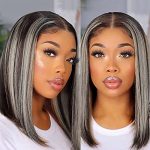 Hair Wig Highlight Grey Straight Bob Wig: Brazilian Human Hair Platinum Blonde Highlight 4x4 Lace Closure Wigs
