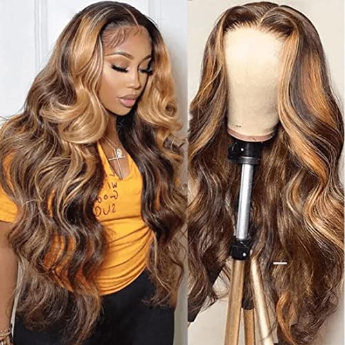 Radiant Honey Blonde Elegance: UNICE 4x4 Lace Closure Body Wave Wig with Highlight Brown Frontal - Effortless Glamour, Natural Beauty