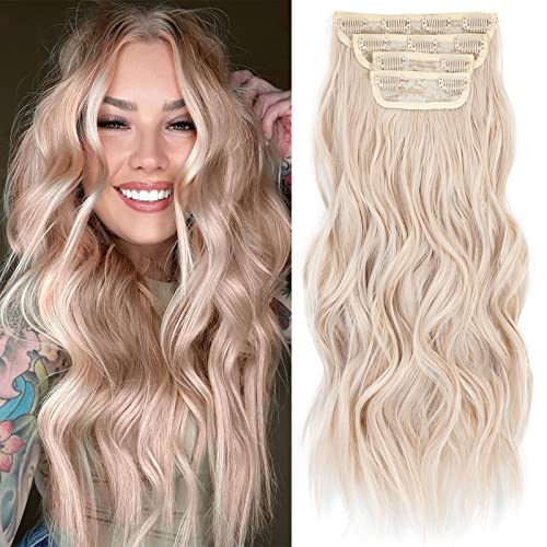 Einaey Clip in Hair Extensions - 4PCS of Long Wavy Synthetic Hair in 20 Inch Light Blonde, Perfectly Blended Clip-Ins for Effortless Style