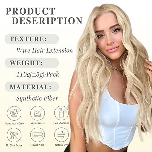 Invisible Wire Hair Extensions - 20 Inch Halo Ash Blonde Mix Bleach Blonde - Long Wavy Synthetic Hairpiece with Adjustable Transparent Wire and 4 Secure Clips for Effortless Elegance