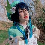 Transform into Venti: Navy Blue Venti Wig with Double Braids for Game Cosplay + Elf Ears, Perfect for Halloween and Anime Enthusiasts