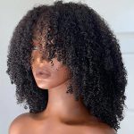 18-Inch Afro Kinky Curly Human Hair Wig - Glueless and Realistic Scalp Top Wig with Bangs for Black Women