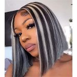 Hair Wig Highlight Grey Straight Bob Wig: Brazilian Human Hair Platinum Blonde Highlight 4x4 Lace Closure Wigs
