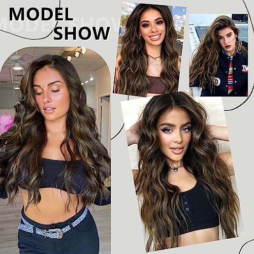 Clip-In Long Wavy Synthetic Hair Extension 20 Inch Balayage Dark Brown to Chestnut - 4PCS Thick Hairpieces for Volume and Versatile Styling