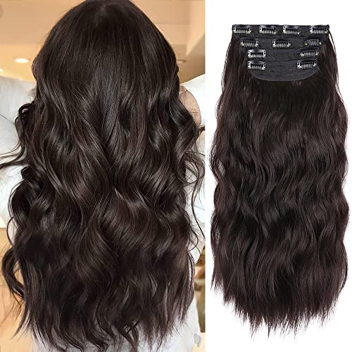 Voluminous and Natural Dark Brown Hair Extensions - 4Pcs Clip-in Set for Long, Curly, and Thick Brunette Hair (20 Inches)