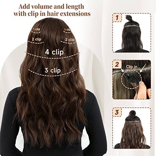 Fliace 20-Inch Clip-in Hair Extensions - Long Wavy Hairpieces in Chocolate Brown for Natural & Soft Blends