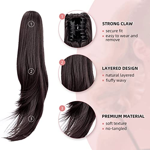 Transform Your Daily Look with 20" Brunette Synthetic Claw Clip Ponytail Extension - Easy and Fluffy Daily Hairstyling for Women