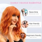 Colored Wigs For Women Orange Wig With Bangs, a 12-inch short wavy bob wig
