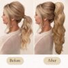 Glamorous with 26 Inch Brunette Mix Caramel Highlights Ponytail Extensions – Heat-Resistant, Wavy, and Effortless Clip-In Style