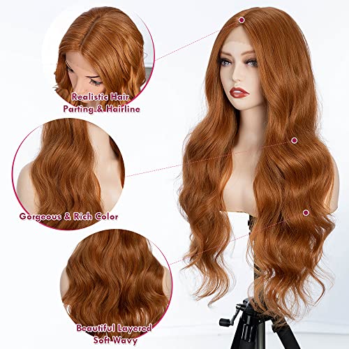 Long Wavy Lace Front Ginger Brown Wigs - 26 Inch Synthetic Wig for Women with Natural Curls and Middle Part, Hand-Tied Lace Front, High Temperature Fashionable Hair
