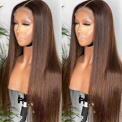 QMSSR Synthetic Lace Front Wig: Brown Long Straight Hair with Blonde Brown Mix