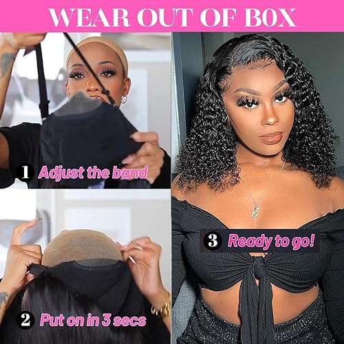 Wear and Go Water Wave Bob Wig - No Glue, 180% Density, Pre-Plucked HD Lace Closure, Natural Color (16 inch)