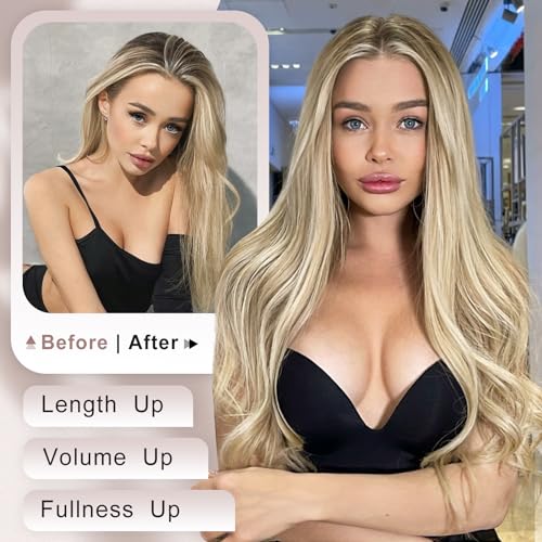 Clip in Hair Extension - 7PCS Bleach Blonde, 20 Inch Long Straight Layered Hair Extensions with Invisible Lace Weft for Women