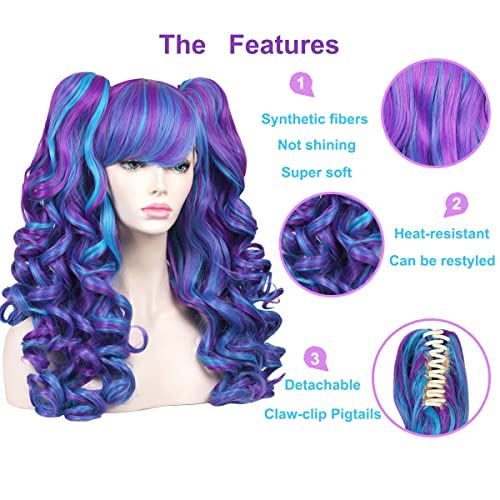 Long Curly Cosplay Wig with 2 Ponytails in Mesmerizing Blue and Purple Hues