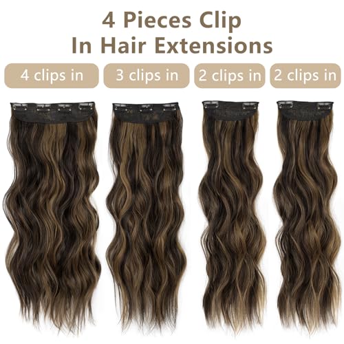 Clip-In Long Wavy Synthetic Hair Extension 20 Inch Balayage Dark Brown to Chestnut - 4PCS Thick Hairpieces for Volume and Versatile Styling