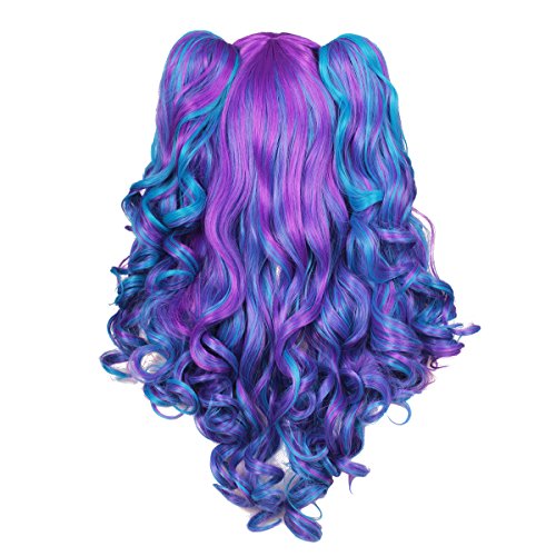 Long Curly Cosplay Wig with 2 Ponytails in Mesmerizing Blue and Purple Hues