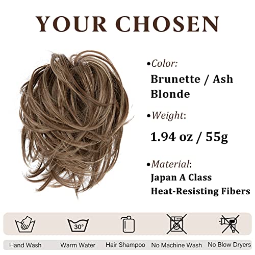 Effortless Chic Messy Bun Hair Piece - Synthetic Tousled Ponytail Extensions for Quick and Stylish Updos in Brunette/Ash Blonde Hues
