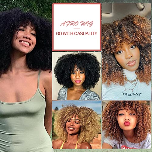 ToyoTress Afro Kinky Curly Wig - 12 Inch Ombre Brown Curly Hair Wig with Bangs for Black Women, Heat Resistant Synthetic Wig (T4/30-0918)