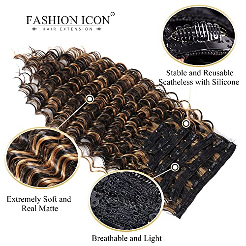 Glamorous 24-Inch Deep Wave Clip-In Hair Extensions - Synthetic Double Weft Hairpiece for Thick Ombre Hair Clips (P1B/27)