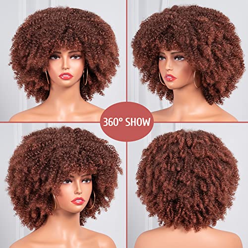 ToyoTress Afro Kinky Curly Wig - 12 Inch Ombre Brown Curly Hair Wig with Bangs for Black Women, Heat Resistant Synthetic Wig (T4/30-0918)