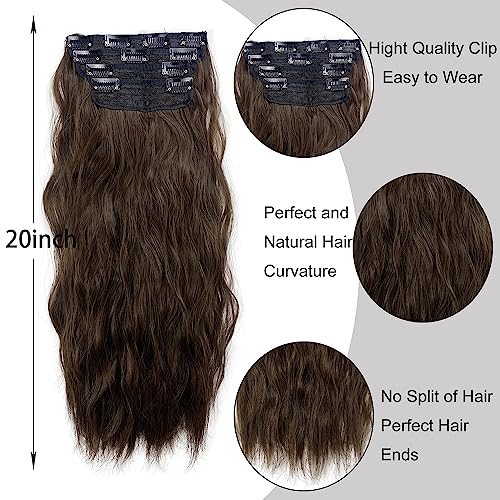 Long Wavy Chestnut Brown Clip-In Hair Extensions - 4PCS for Instant Volume and Length (20 inches)