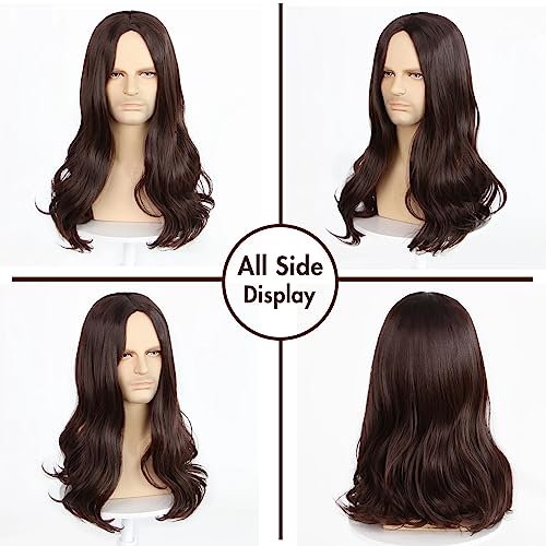 IEBIYO Men's Long Brown Wig, Middle Part Wavy Wig for Cool Men, Perfect for 60s 70s Hippie Look, Heat Resistant Synthetic Halloween Costume Wig