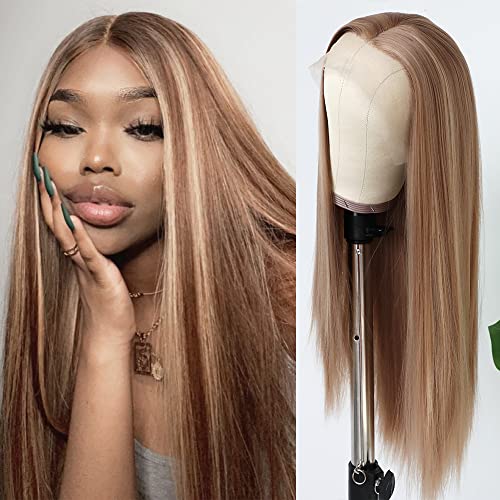 QD-Tizer Blonde Hair Highlights Lace Front Wig - Long Straight Heat Resistant Fiber Wig for Fashion Women, Effortless Elegance with 13x3 Frontal Lace (Blonde/Brown)