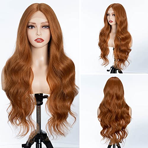 Long Wavy Lace Front Ginger Brown Wigs - 26 Inch Synthetic Wig for Women with Natural Curls and Middle Part, Hand-Tied Lace Front, High Temperature Fashionable Hair