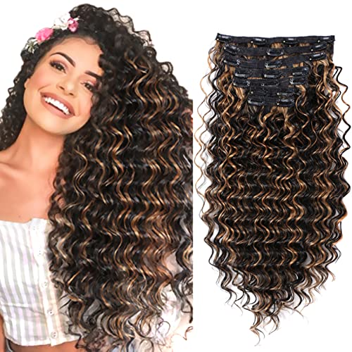 Glamorous 24-Inch Deep Wave Clip-In Hair Extensions - Synthetic Double Weft Hairpiece for Thick Ombre Hair Clips (P1B/27)