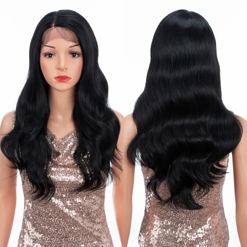 Transform Your Look with REBECCA STYLE Body Wave Wigs: Embrace Natural Elegance with 13x4 HD Transparent Lace and Heat Resistant Synthetic Fiber in 20 Inch Black-1B Shade