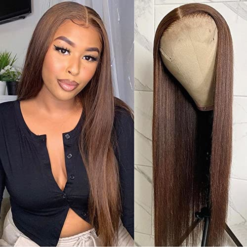 QMSSR Synthetic Lace Front Wig: Brown Long Straight Hair with Blonde Brown Mix