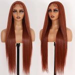 32-Inch Long Straight Orange Ginger Lace Front Wig - Synthetic Elegance with T-Lace and Glueless Comfort