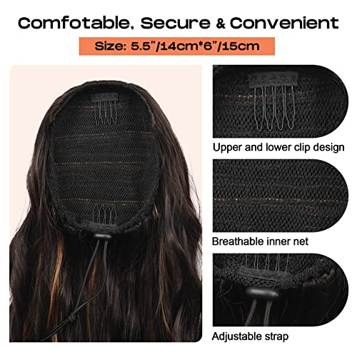 SEIKEA 26" Highlight Drawstring Ponytail Extension - Effortless Wavy Clip-in Hairpiece for Natural Soft Synthetic Hair Volume in Chocolate Brown with Blonde Highlights