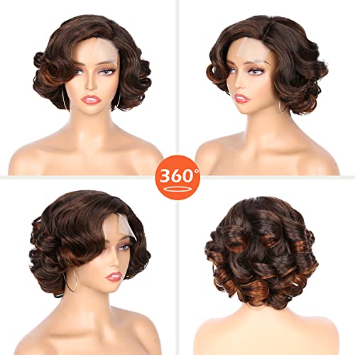 Short Curly Bob Wig - Effortless Glamour for Black Women, Synthetic Lace Front Wig with Body Wave, Wear-and-Go Brown Wig for Beginners
