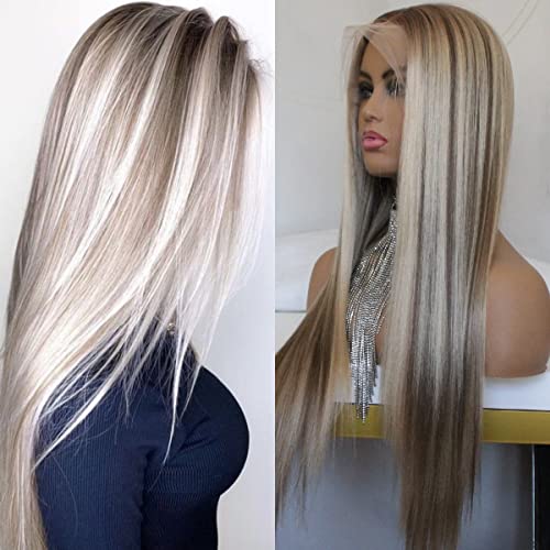 Sultry Elegance: Musescoo Highlight Long Straight Synthetic Lace Wig, Platinum Mixed Brown, for Show-Stopping Style