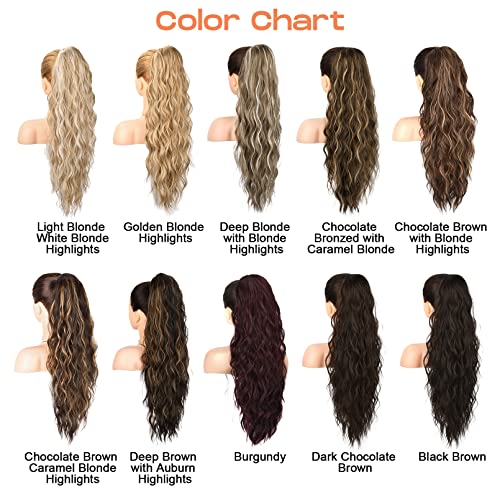 SEIKEA 26" Highlight Drawstring Ponytail Extension - Effortless Wavy Clip-in Hairpiece for Natural Soft Synthetic Hair Volume in Chocolate Brown with Blonde Highlights