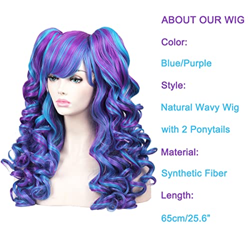 Long Curly Cosplay Wig with 2 Ponytails in Mesmerizing Blue and Purple Hues