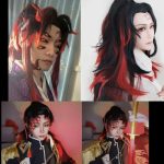 ANOGOL Tsugikuni Yoriichi Wig - Black Wigs with Red Highlights and Ponytail for Authentic Anime Style