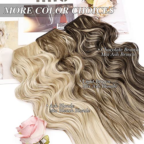 Invisible Wire Hair Extensions - 20 Inch Halo Ash Blonde Mix Bleach Blonde - Long Wavy Synthetic Hairpiece with Adjustable Transparent Wire and 4 Secure Clips for Effortless Elegance