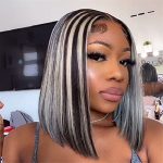 Hair Wig Highlight Grey Straight Bob Wig: Brazilian Human Hair Platinum Blonde Highlight 4x4 Lace Closure Wigs