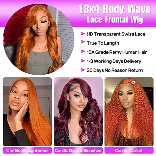 Orange Ginger Lace Front Wigs - 100% Human Hair, Body Wave, and Vibrant #130 Color - Perfect for Every Occasion