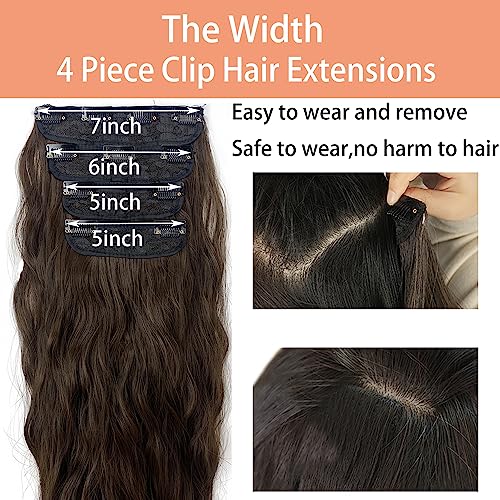 Long Wavy Chestnut Brown Clip-In Hair Extensions - 4PCS for Instant Volume and Length (20 inches)