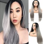 Bold and Beautiful: 24-Inch Long Ombre Gray Lace Front Wig with Dark Roots - Stunning Synthetic Wig for Black Women