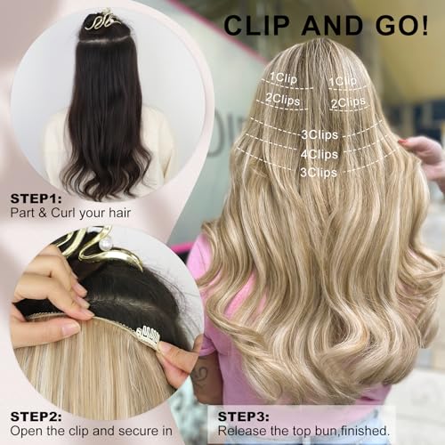 Clip in Hair Extension - 7PCS Bleach Blonde, 20 Inch Long Straight Layered Hair Extensions with Invisible Lace Weft for Women